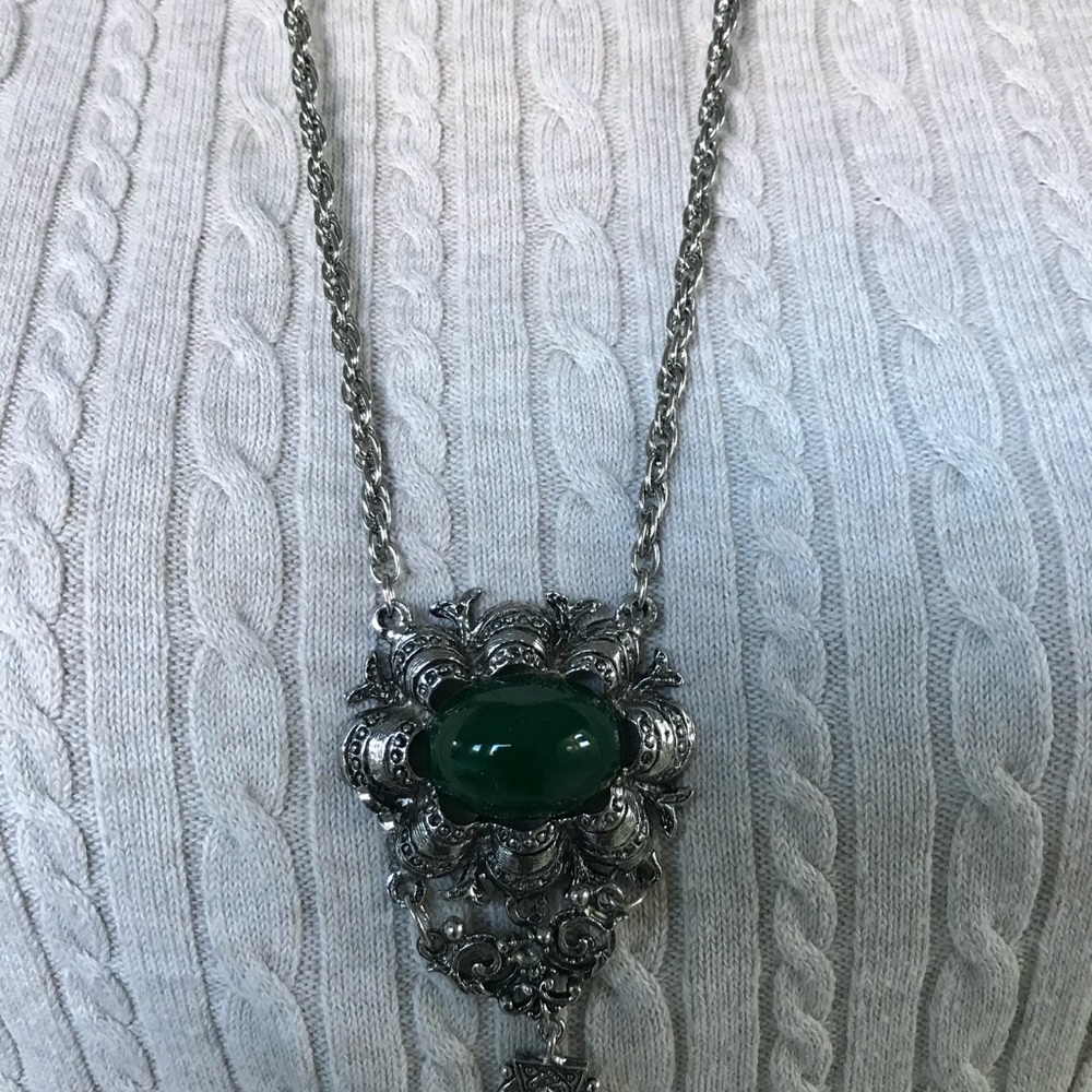 FASHION PENDANT on LONG CHAIN SILVER TONE